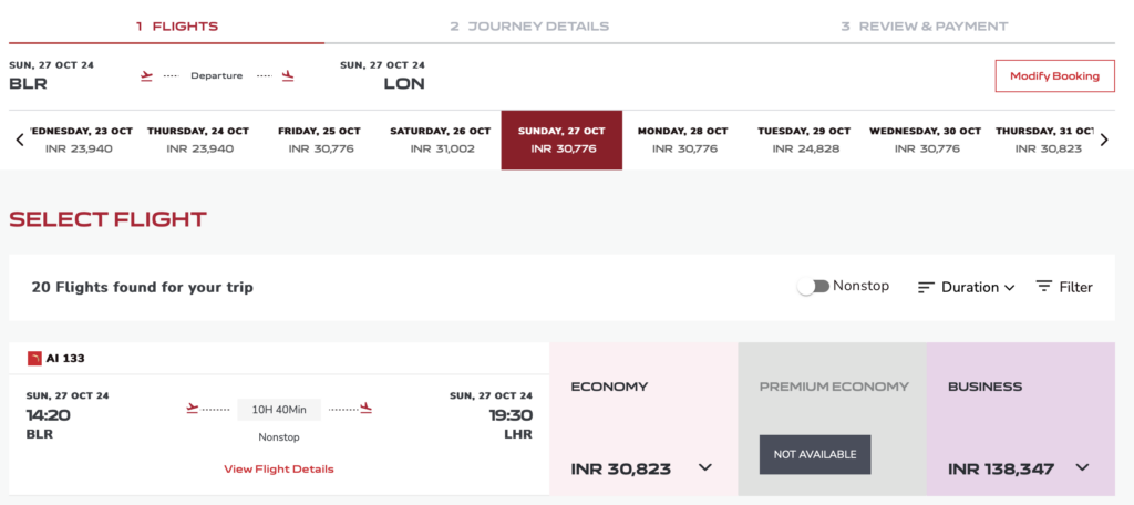 a screenshot of a flight schedule